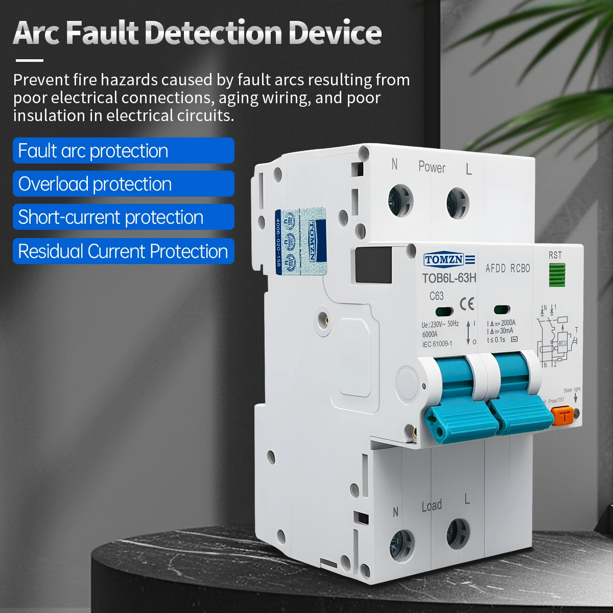 TOMZN Arc Fault Detection Device Residual Current Circuit Breaker with Overcurrent Protection 2P AC230V 10-63A AFDD RCBO 6000A