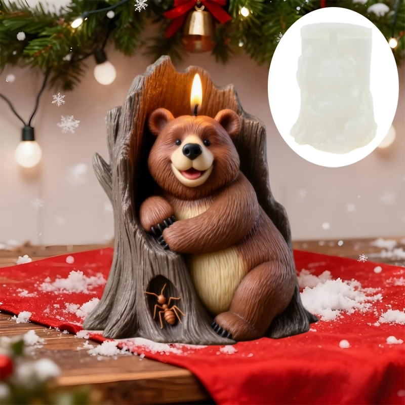 Ant Picking Bear Candle Silicone Mold in Tree Stump Resin Mold Cute Smile Tree Hole Bear Gypsum Mould Smile Bear Craft Molds
