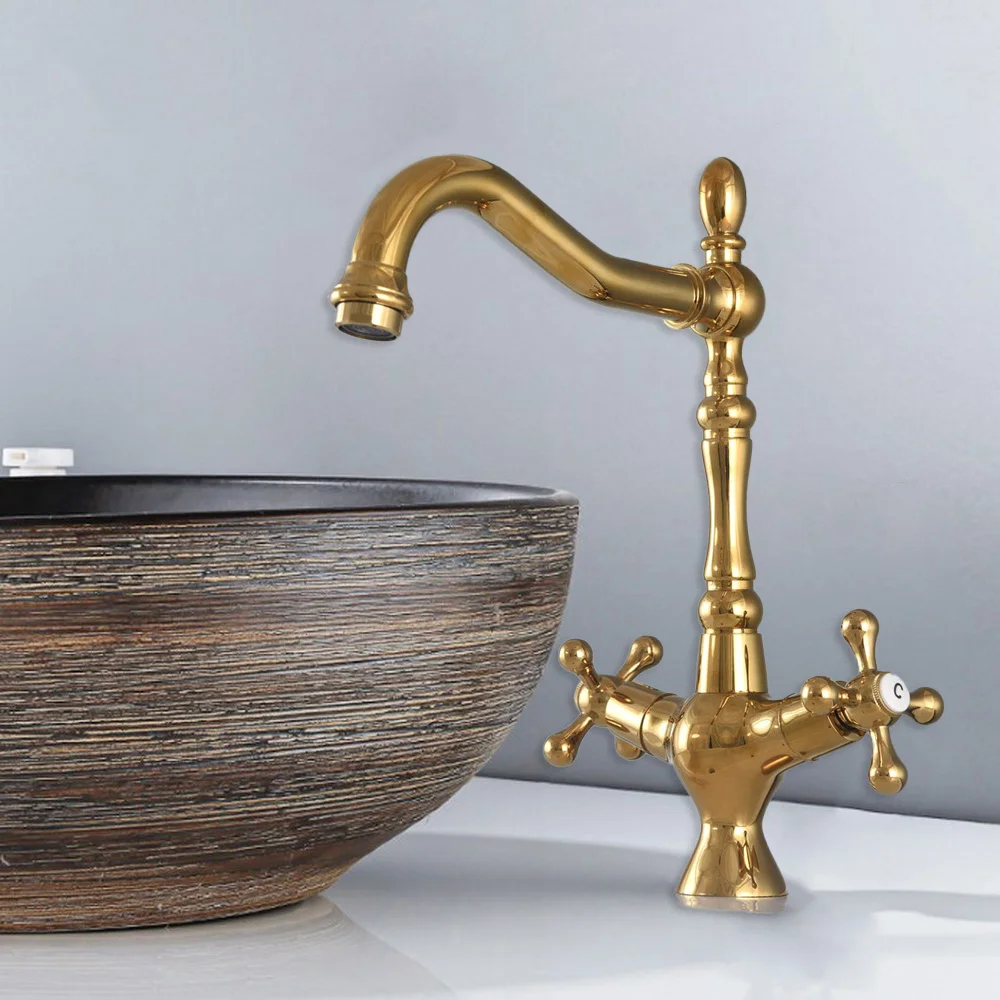 

Luxury Gold Color Brass Hot&Cold Sink mixer Faucet Kitchen Faucet Double Handle 360 Rotation Tall Spout Mixer Tap Ngf066