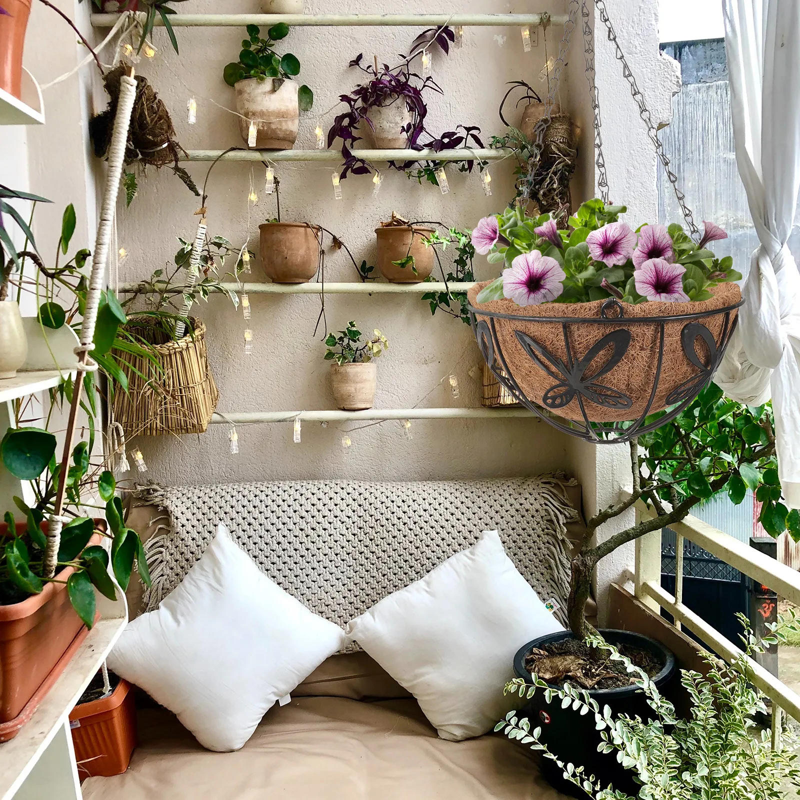 2Pcs Metal Hanging Basket for Plants Iron Flower Pot Set Liner Ideal Indoor Outdoor Garden Use Metal Hanging Basket