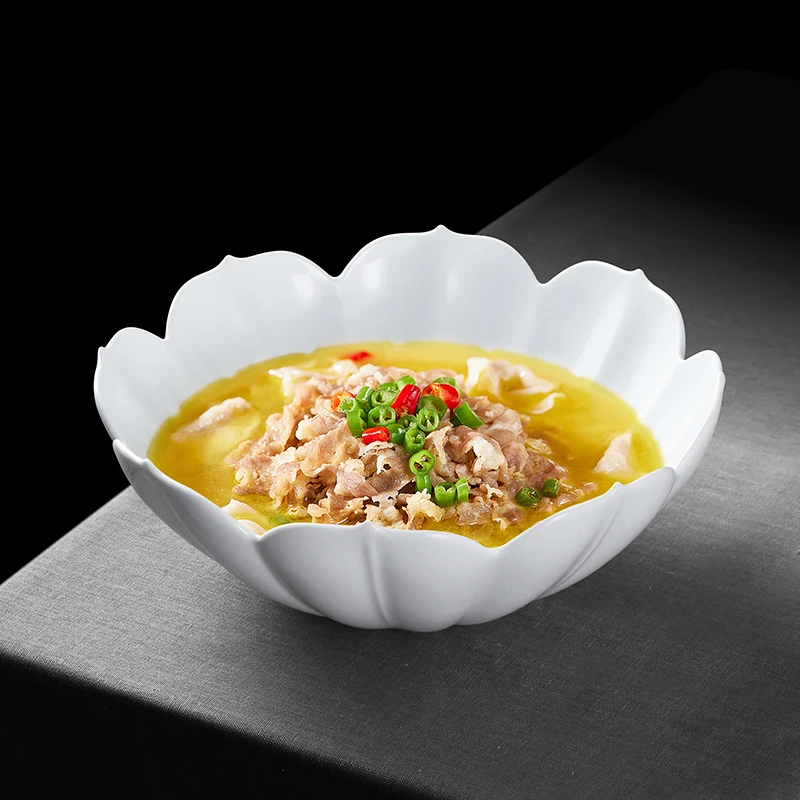 

new ceramic special-shaped pure white lotus soup bowl, high-end club private dishes, high-end dining plate, artistic concep