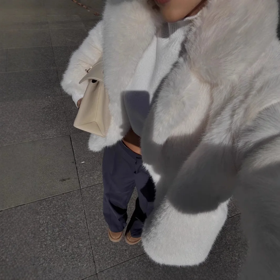 Mulheres casacos de pele do falso jaquetas de pele curta sólida lapela gola manga longa ponto aberto grosso pele quente solto casual 2025 outono inverno