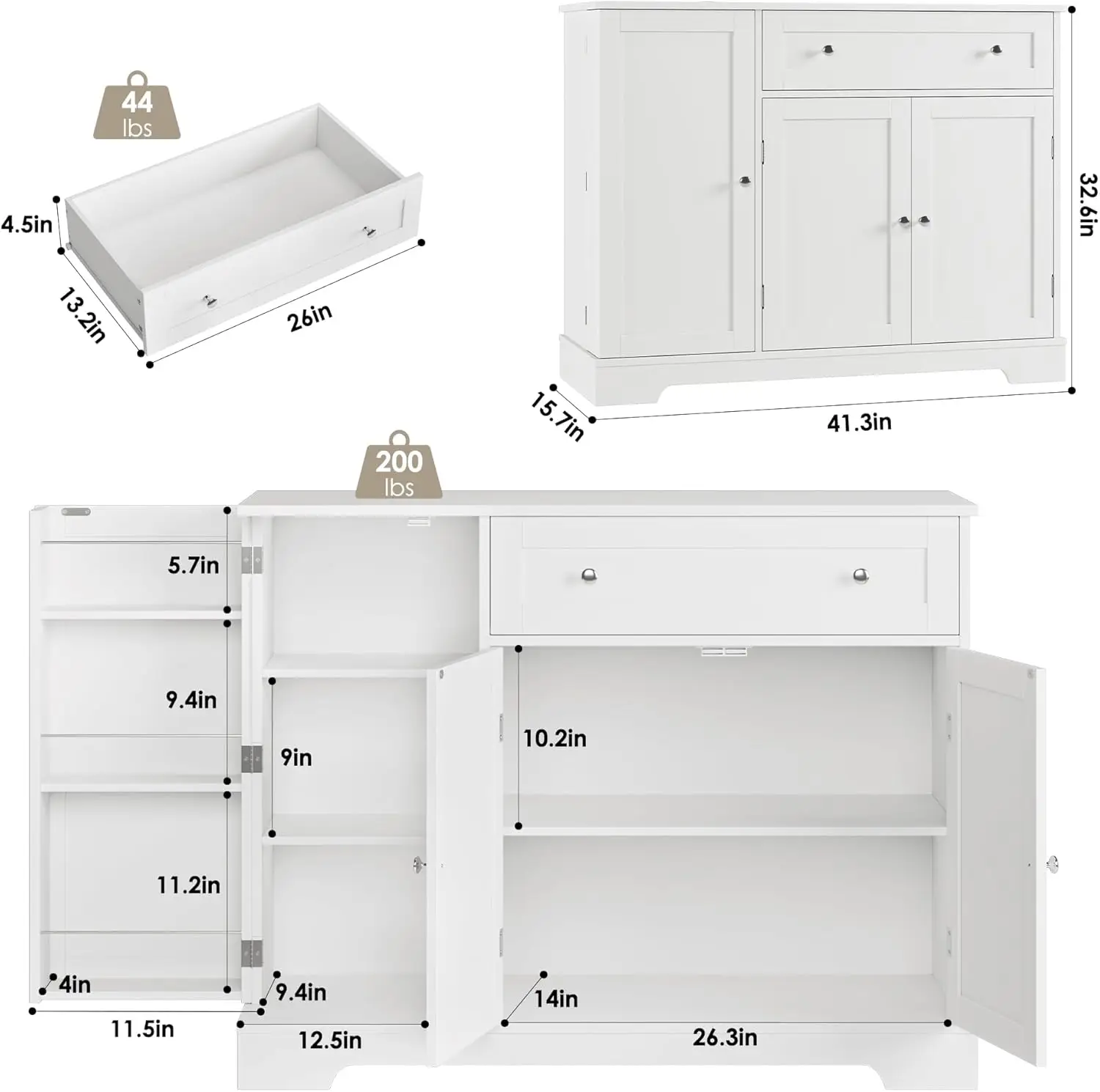 현대적인 화이트 뷔페 캐비닛, 문, 서랍 및 조절 가능한 선반이 있는 주방, 식당 또는 거실용
