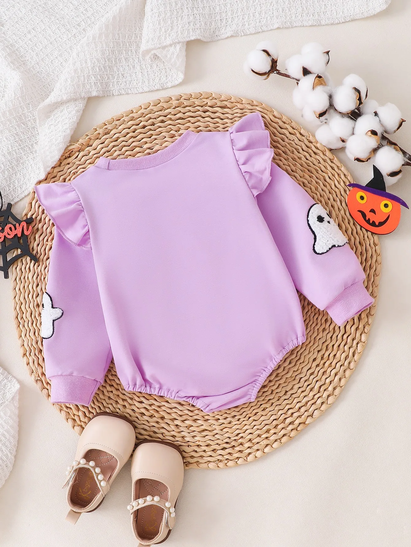 Cream Waffle Thermal Newborn Halloween Onesie Fluffy Pumpkin Embroidery Ruffle Shoulder Baby Bodysuit With Bow Hairband