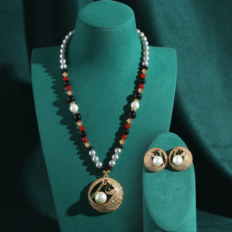 Vintage Crane Pearl Chain Jewelry Sets Necklace Earrings For Women 18k Gold Color Elegant Trendy Wedding Party Gifts New