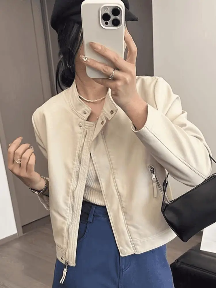 Sli ort Biker Jaet Women's Spring 2025 Faion Design Zipper Slim Fit Leather Coat Trendy Top Casual Outerwear