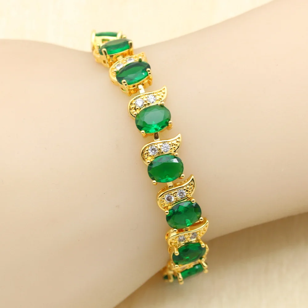 WPAITKYS Green Stones Gold Color Jewelry Sets For Women Party Bracelet Long Earrings Necklace Pendant Rings Free Gift Box