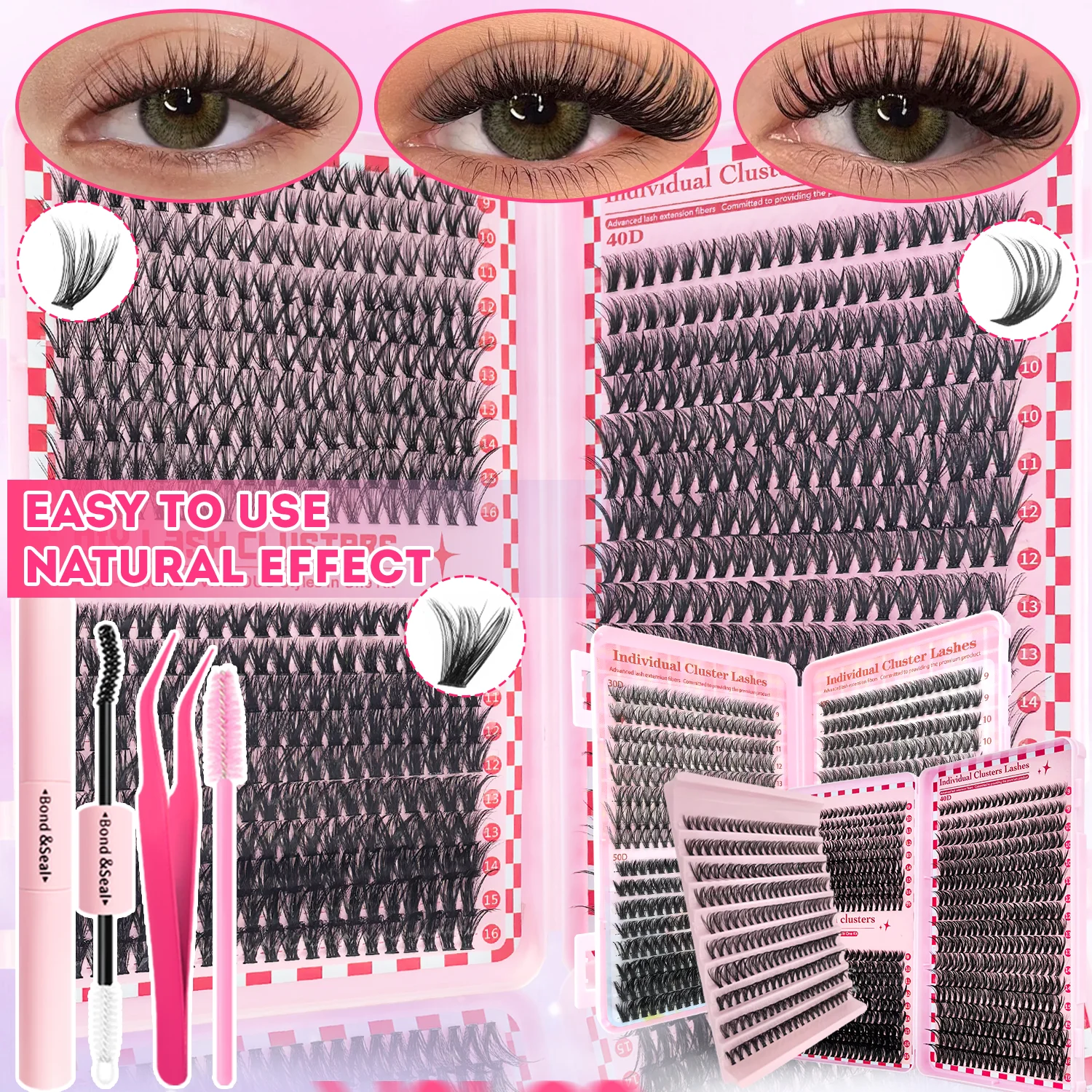 Kit de grappes de cils individuelles-200/640/690/740 pièces cils bouclés D Extra épais Look de cils vaporeux, maquillage pour les yeux de qualité Salon