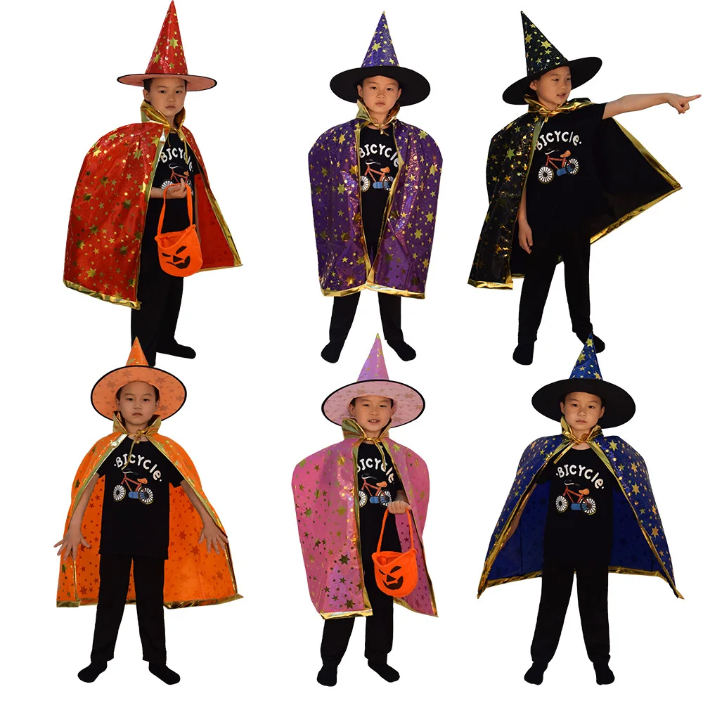 

Halloween Witch Hex Star Costume Children's Masquerade Cloak Hat Performance Clothes Female Witch Robe Fashionable Ethnic Wear