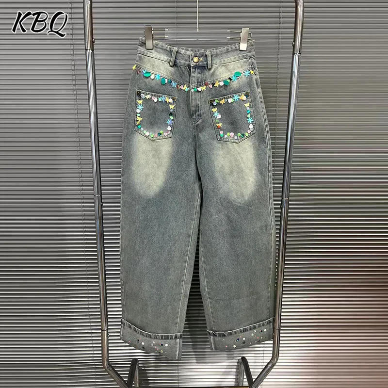 

KBQ Designer Spliced Folds Loose Denim Pants For Women High Waist Spliced Pocket Spring Temperament Jeans Female Fashion Style