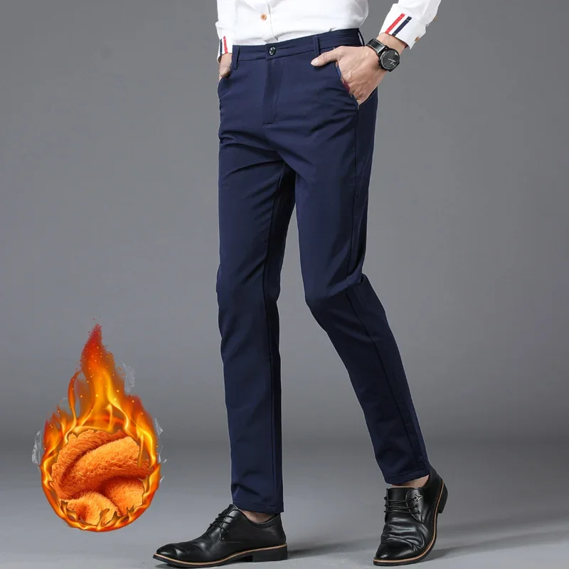 

Новинка 2024 года, мужские зимние теплые плюшевые флисовые брюки, зимние модные свободные прямые брюки, классические деловые повседневные черные, синие брюки