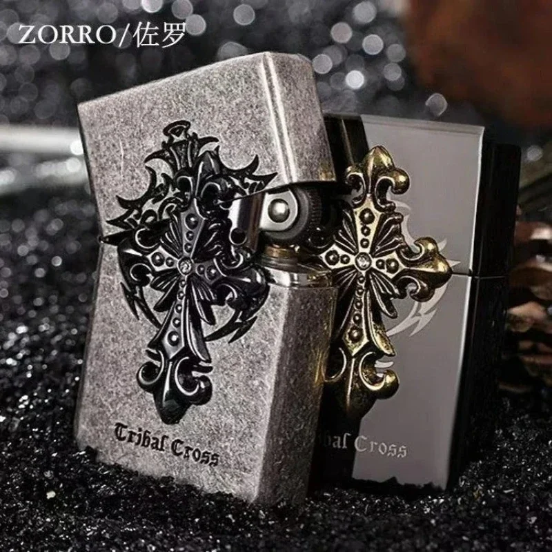 Zorro Kerosenes Windproof Lighter 3D Ancient Silver Cross Stamp Retro Grinding Wheel Design for Wholesale