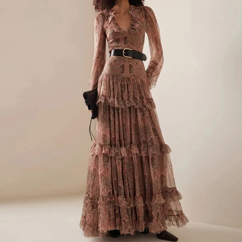 

2024 Autumn Casual Bohemia Dresses Elegant V-neck Ruffled High Waist Evening Dress Women Fashion Printed Mesh Pleated Long Dress