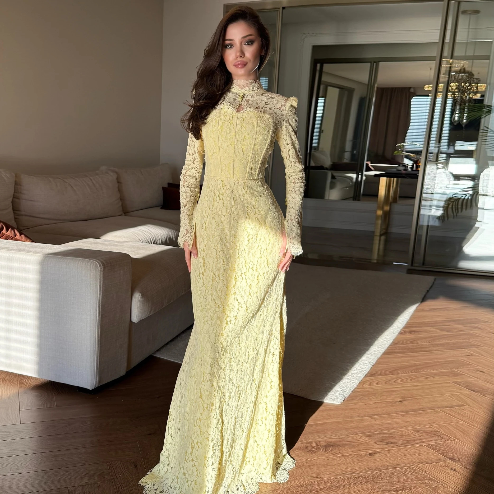 

Bafftafe Желтые кружевные платья для выпускного вечера по индивидуальному заказу с длинными рукавами и корсетом с высоким воротом, арабские вечерние платья для торжественных вечеринок 2026