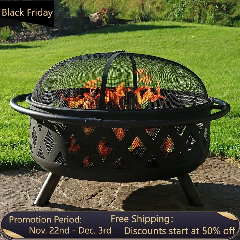 

Black Crossweave Steel Wood-Burning Outdoor Fire Pit - Includes Spark Screen, Poker and Cover - 36-Inch Round