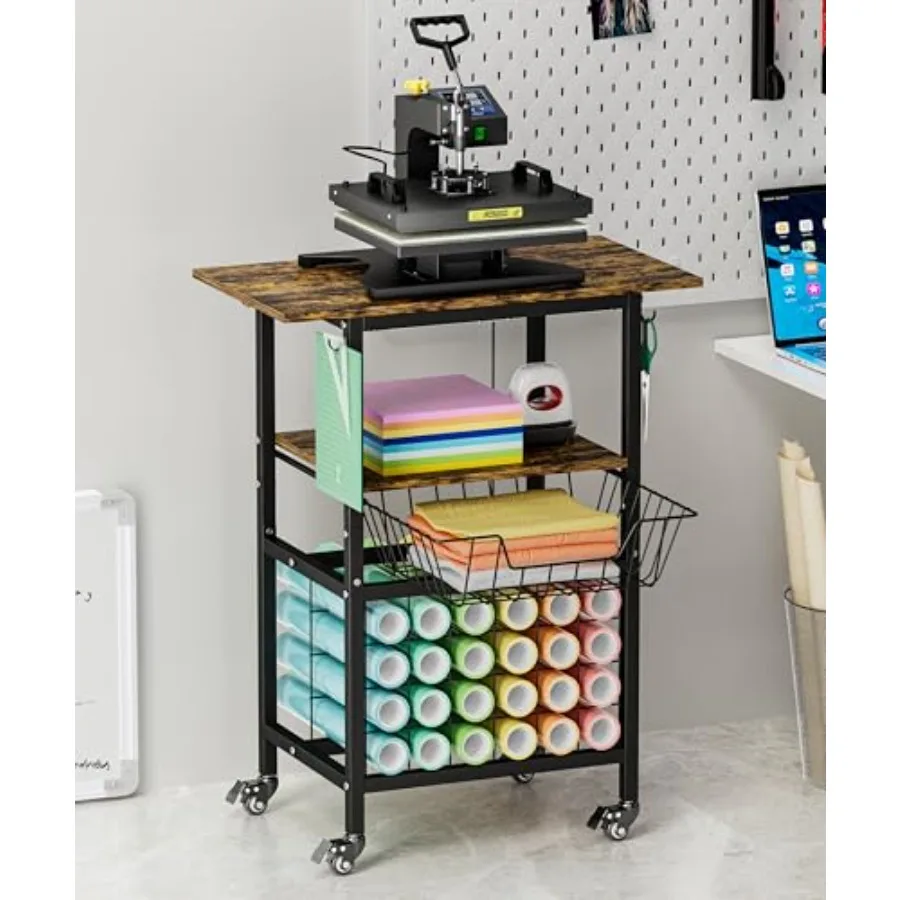 

Movable Heat Press Machine Cart with Basket and Hooks 3 Tier Crafting Shelf Organizer with Vinyl Roll Holder Workbench for DIY