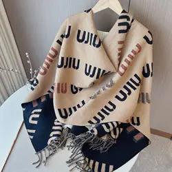 Fashion Design Blend Wool Scarf Women Color Matching Warm Scarf Imitation Cashmere Letter Double Thickened Shawl Lady Decorate