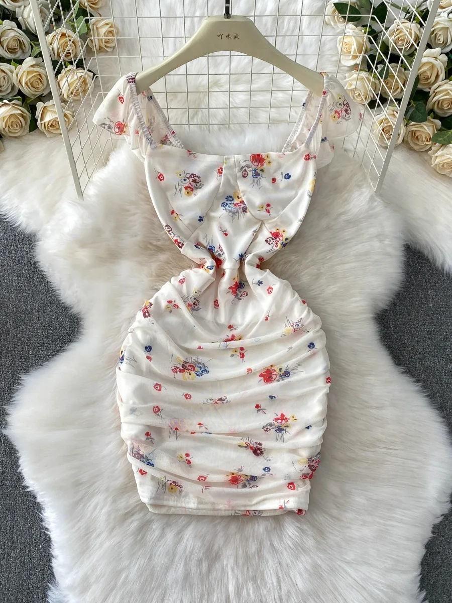 Foamlina 2025 New Floral Print Mesh Pleated Dress Women French Sexy Square Neck Flying Sleeve Slim Fit  Bodycon Dress