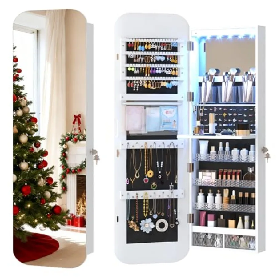 

47,2-дюймовый светодиодный зеркальный шкаф для ювелирных изделий, настенное/дверное зеркало в полный рост с запираемым шкафом для хранения ювелирных изделий с закругленным зеркалом