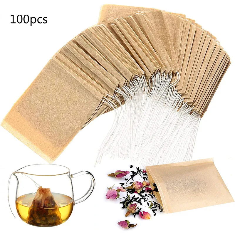 Disposable Tea Filter Bags for Loose Tea and Coffee,Wood Pulp Unableached Empty Tea Infuser Sachets with Drawstring,100 Pack