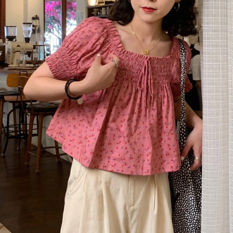 Pink Floral Puff Sleeve Blouses Women Sweet Loose Prairie Chic Lace-up French Style Vintage Elegant Casual All-match Prevalent