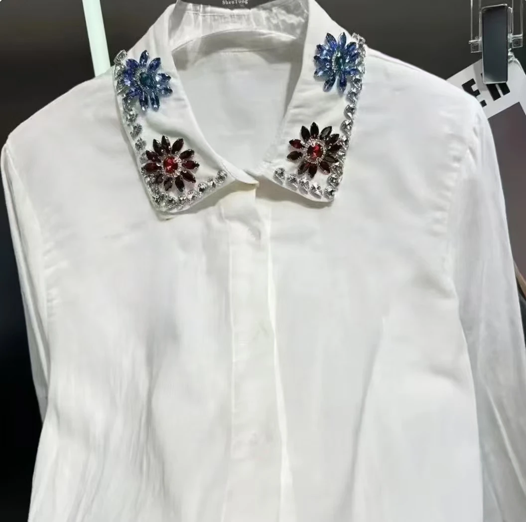 

Новые блестящие бриллианты с вышивкой, хлопковые белые рубашки, блузки для женщин, свободные повседневные милые шикарные топы с длинными рукавами, Blusas