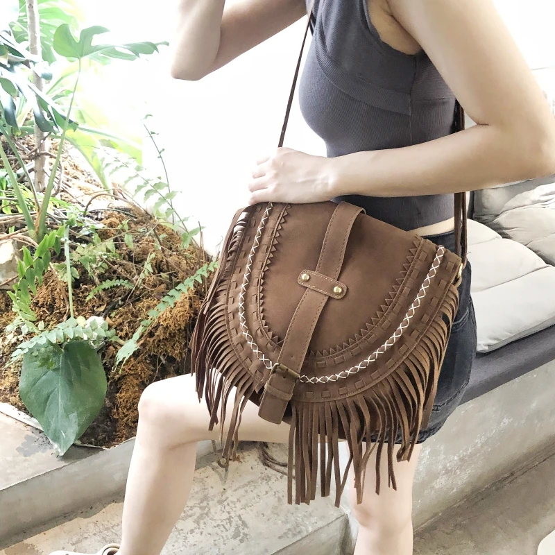 Women\'s Bags on Sale 2023 High Quality Fashion Retro  Suede Tassel  Womens Shoulder Crossbody Messenger Bag Tassel Boho