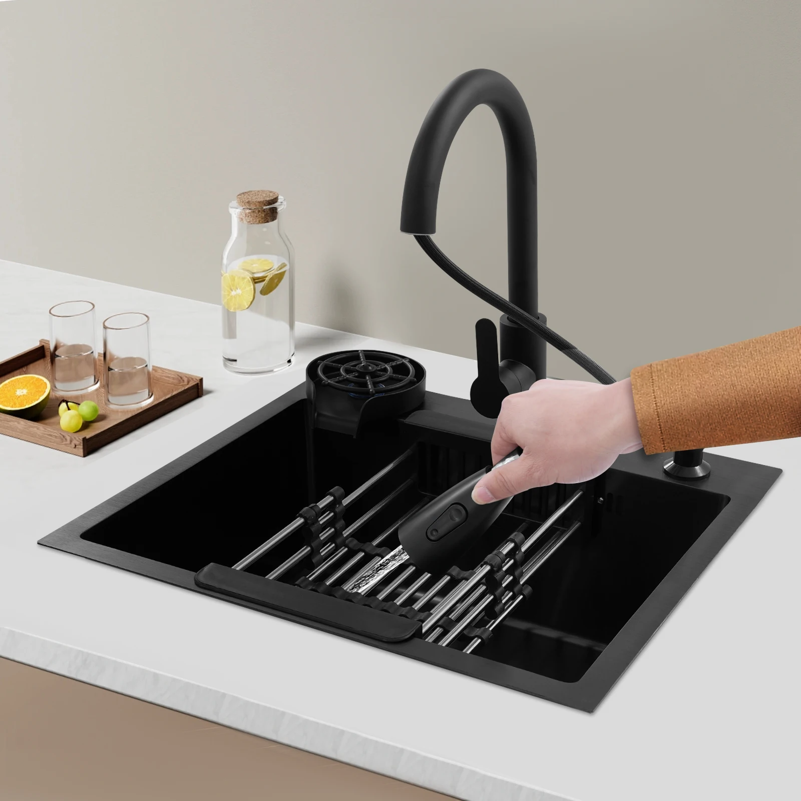 Juego de fregadero de cocina de acero inoxidable con grifo extraíble, escurridor, enjuague de tazas y dispensador de jabón, color negro, 50x45CM