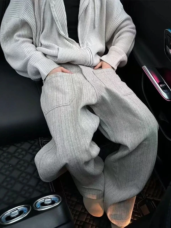 

American Retro White ey Vertical Striped Letter Print Casual Pants Men Haome Wide Leg Loose Straight Long Trousers Trendy