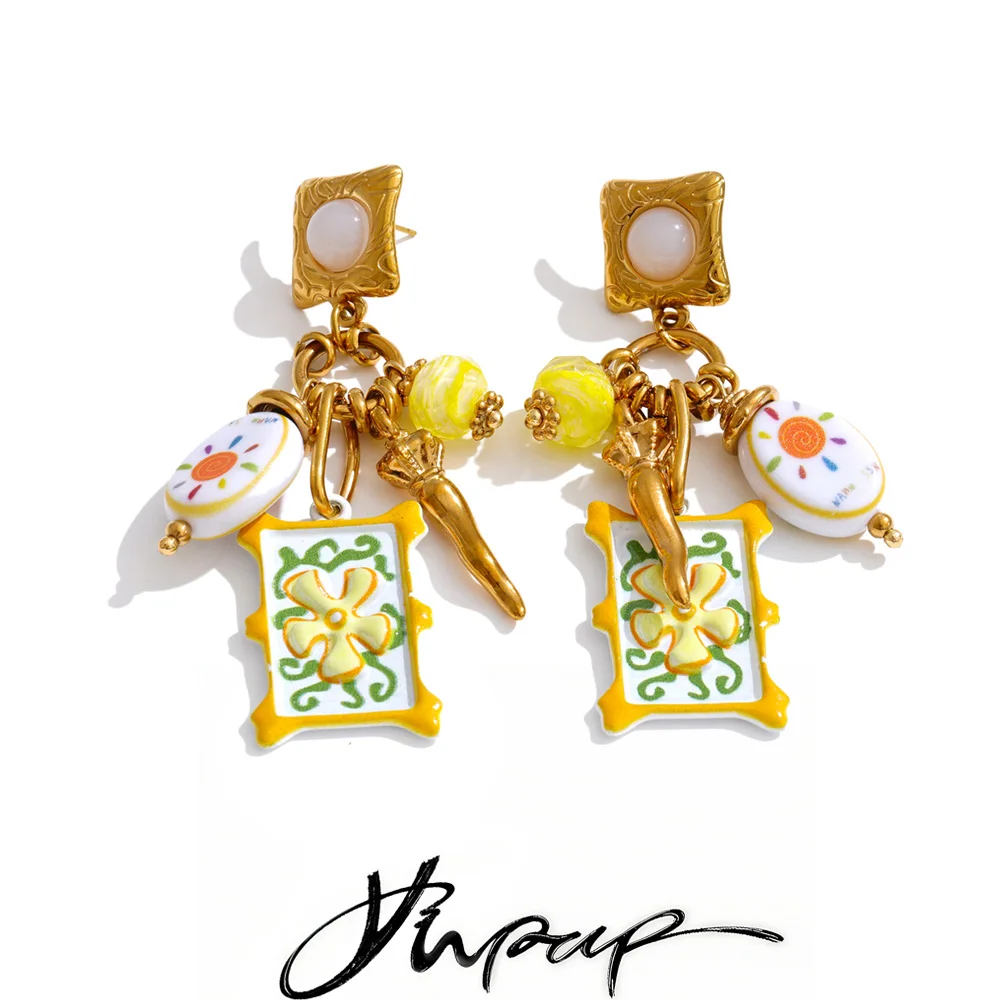 Yhpup 2026 Exklusive Edelstahl-Emaille Rechteckige Blumen-Tropfen-Ohrringe Antiallergisch Goldener Handgefertigter Schmuck