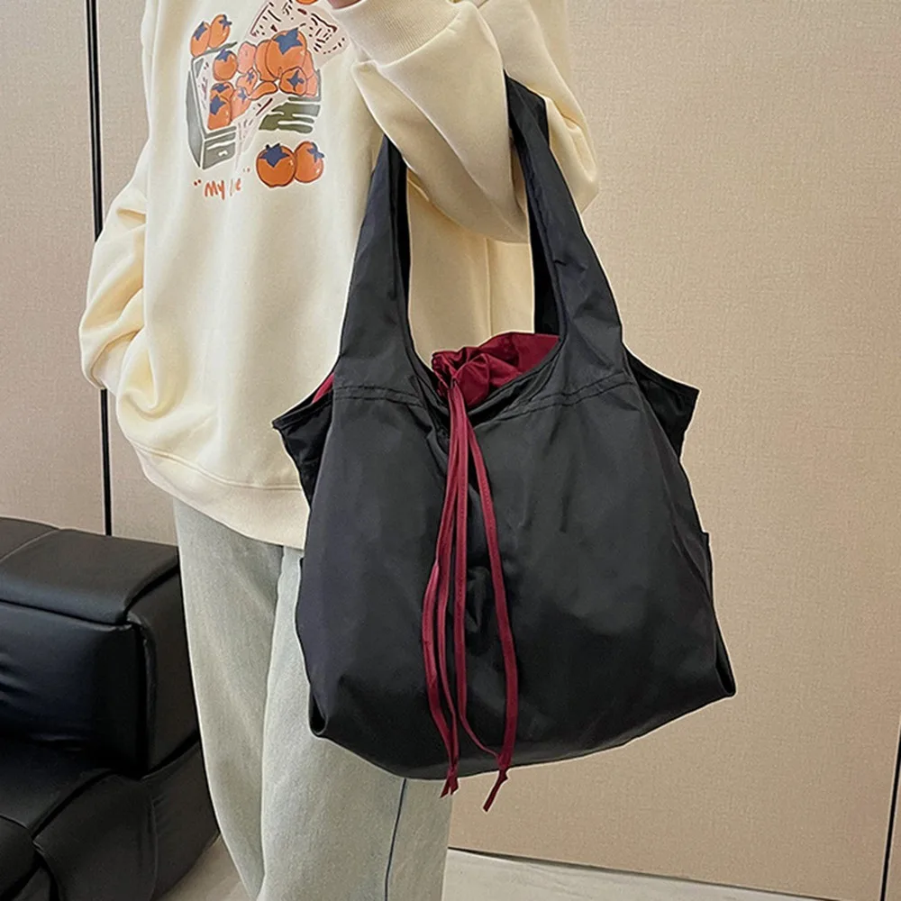 Reusable Drawstring Design Handbag Waterproof Nylon Shopping Eco Bag Large Capacity Storage Bags Foldable Shopping Bag Snack