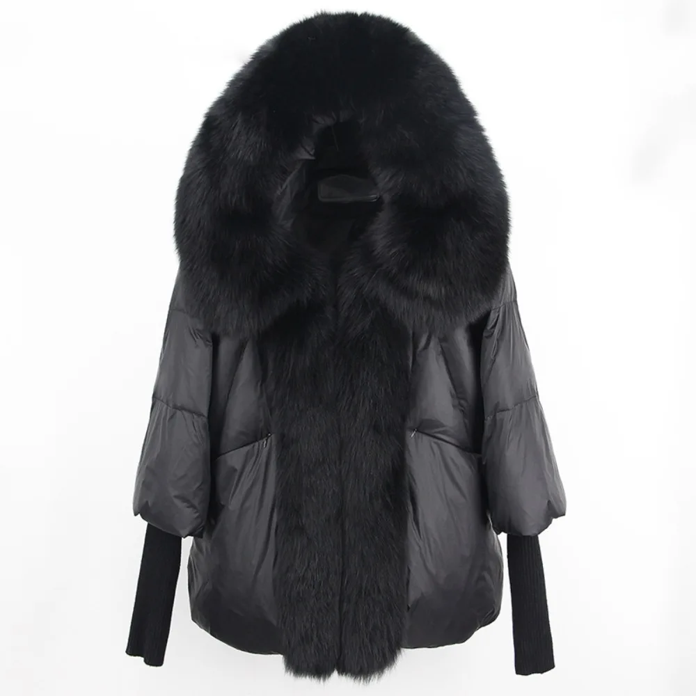 Women New Loose Real Fox Fur Collar Hooded Natural Oversize Puffer Jacket Thick Warm Streetwear Outerwear Duck Down Coat Winter