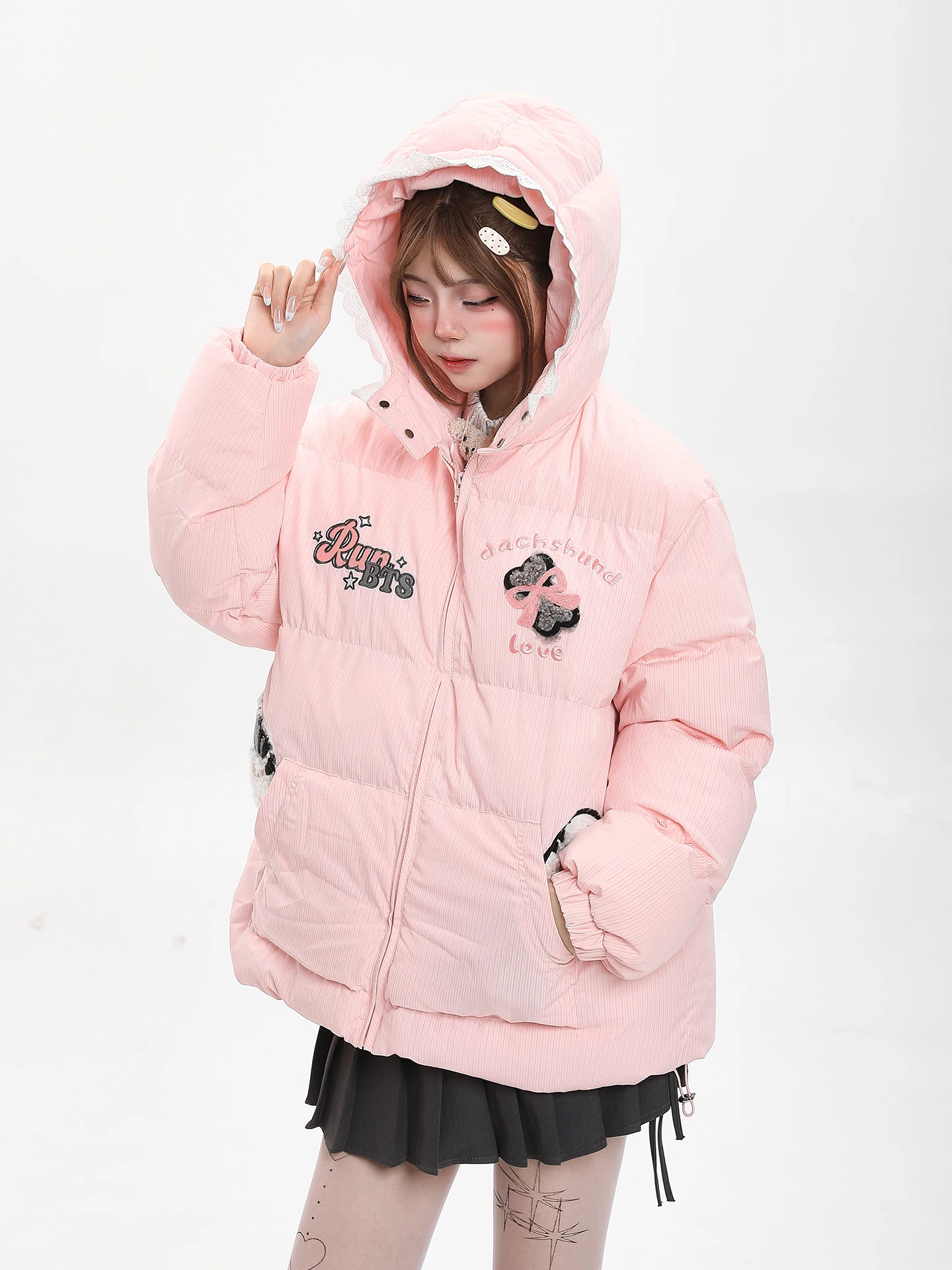 Korean Style Casual Cartoon Embroidery Hooded Jacket Women's Winter Loose Casual Thickened Super Beautiful Cotton Coat Trendy