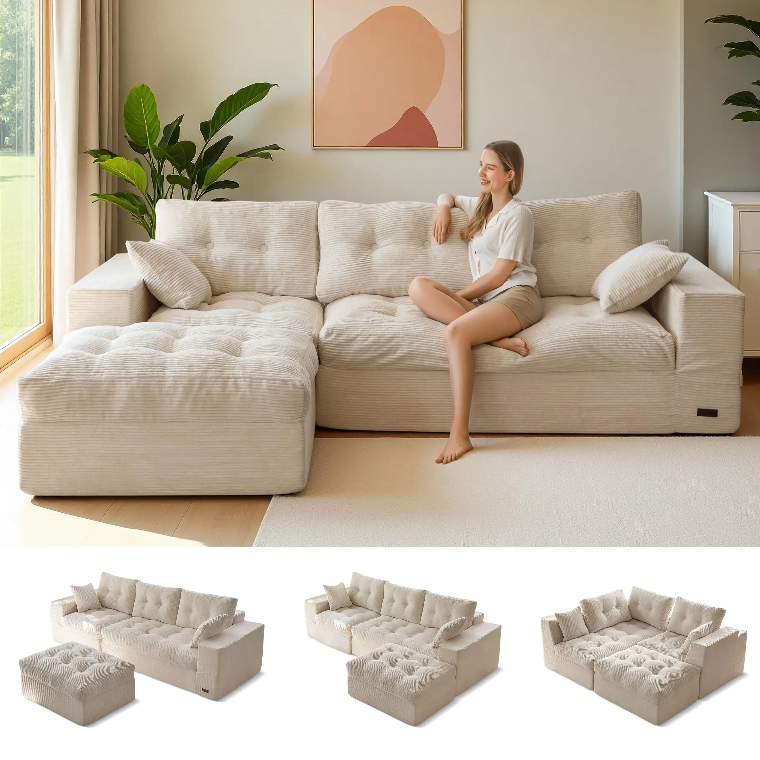 Boneless Couch, 96-Inch L-Shaped Cloud Couch with Ottoman