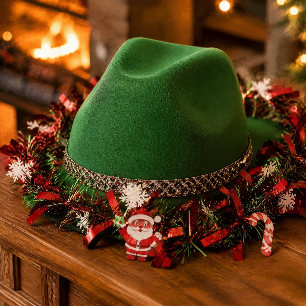 Ribbon Decoration Christmas Cowboy Hat Sunscreen Snowflake Western Hat Vintage Santa Claus Design Jazz Hat Holiday Party