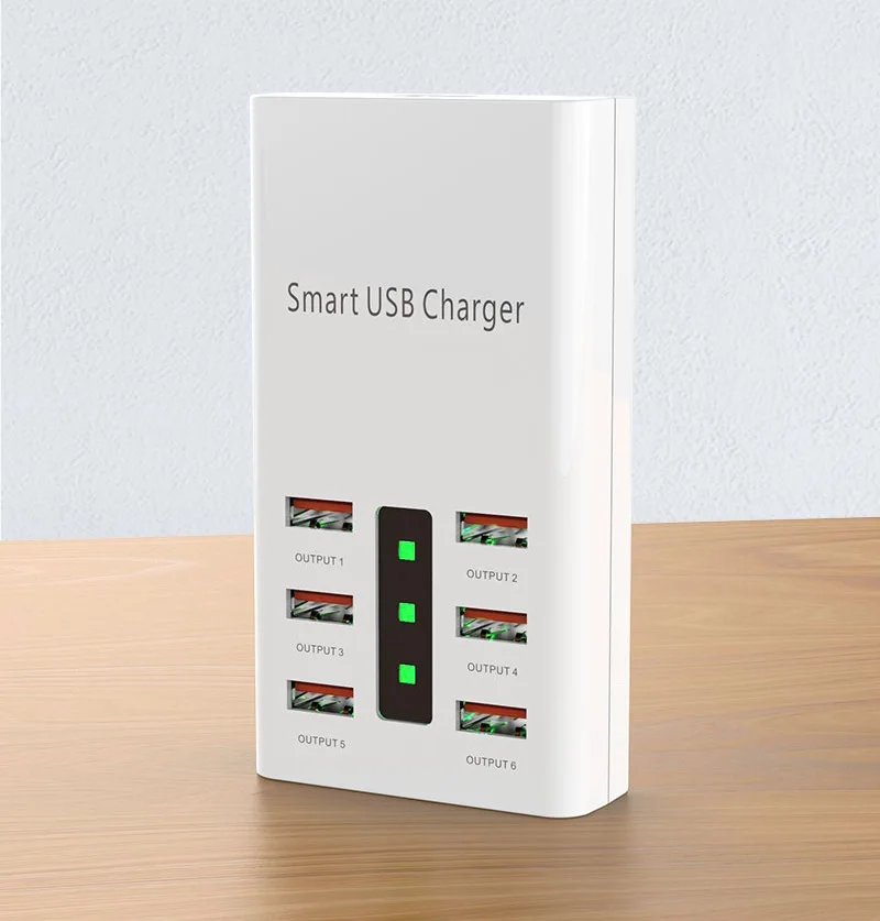 30W High Power 6 Port Smart USB Fast Charging Station Independent LED Indicator Desktop Multi Device Charger Hub White Portable