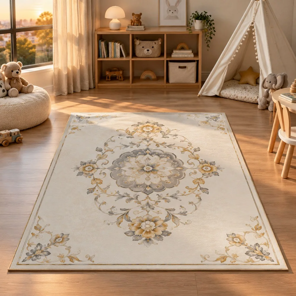 VIKAMA Rug Carpet Ivory White Gold Line Symmetrical Bloom Washable Master Bedroom Kitchen Home Office Study Home Decoration