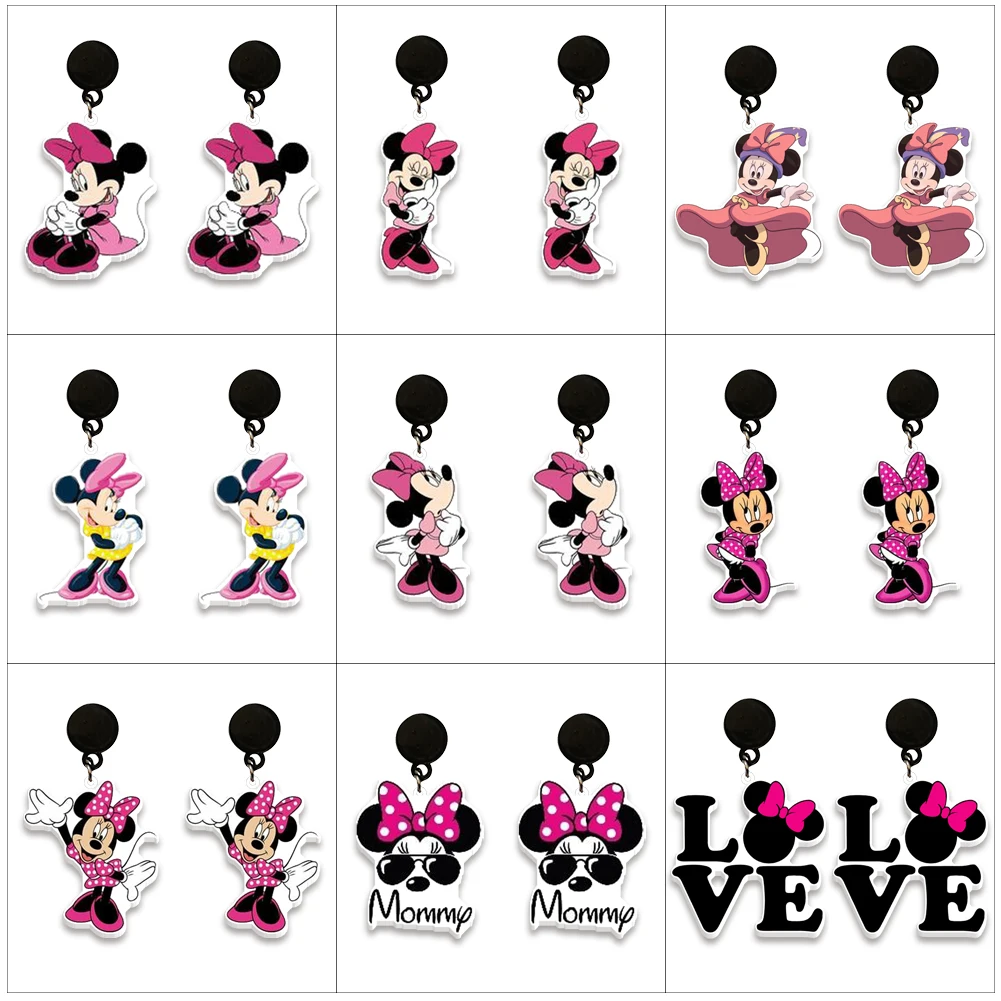 Disney-Brincos Minnie Tema Rosa para Mulheres e Meninas, Brincos Design Bonito, Presente de Aniversário e Festa de Natal, Acessórios Jóias