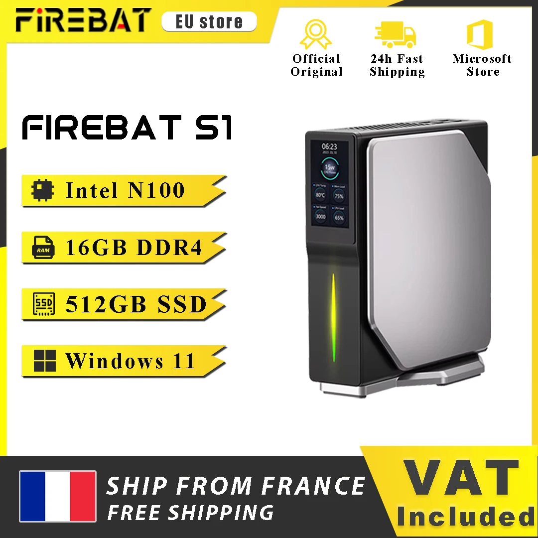 Mini PC FIREBAT S1 Intel Alder Lake N100 DDR4 16GB RAM 512GB SSD Windows 11 Computadora de Escritorio BT4.2 Pantalla Inteligente Dual HDMI