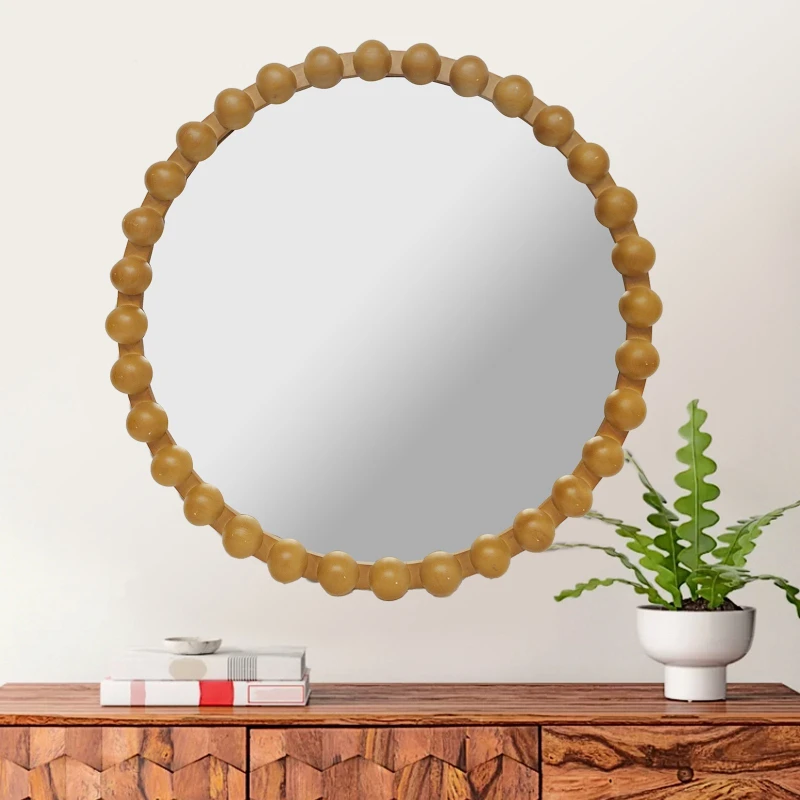 

Round wooden log color large bubble wood bead border decorative mirror modern simple light luxury wall decoration mirror