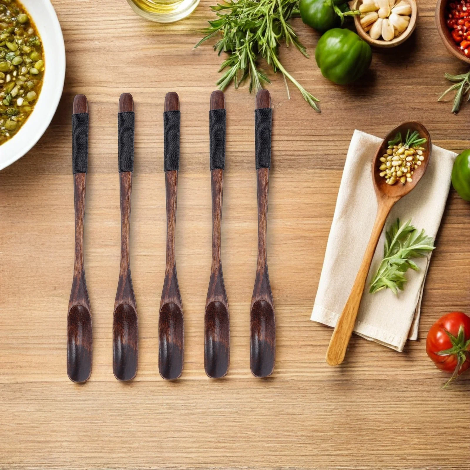 

5Pcs Wooden Cooking Spoon 8 Inch Long Handle Stirring Spoons for Baking Tea Milk Jam Batter Heat Resistant Wood Kitchen Tools