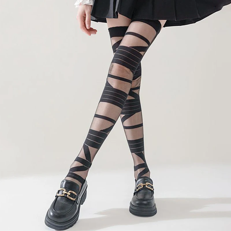 1Pair White Bandage Glass Wool Transparent Knee Stockings Women Japanese Lolita Summer Cross Straps Sexy Piles Of White Sock