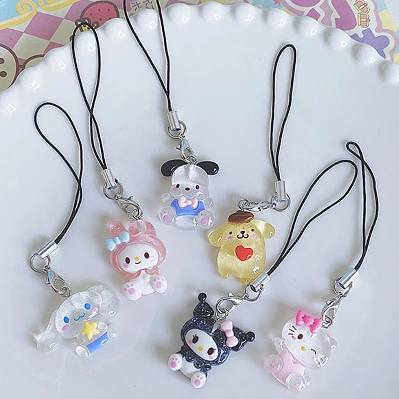 6Pcs/Set Sanrio Mobile Phone Lanyard Mymelody Kuromi Cinnamoroll Pochacco Pom Pom Purin Phone Straps Keychain Bags Pendant Gift