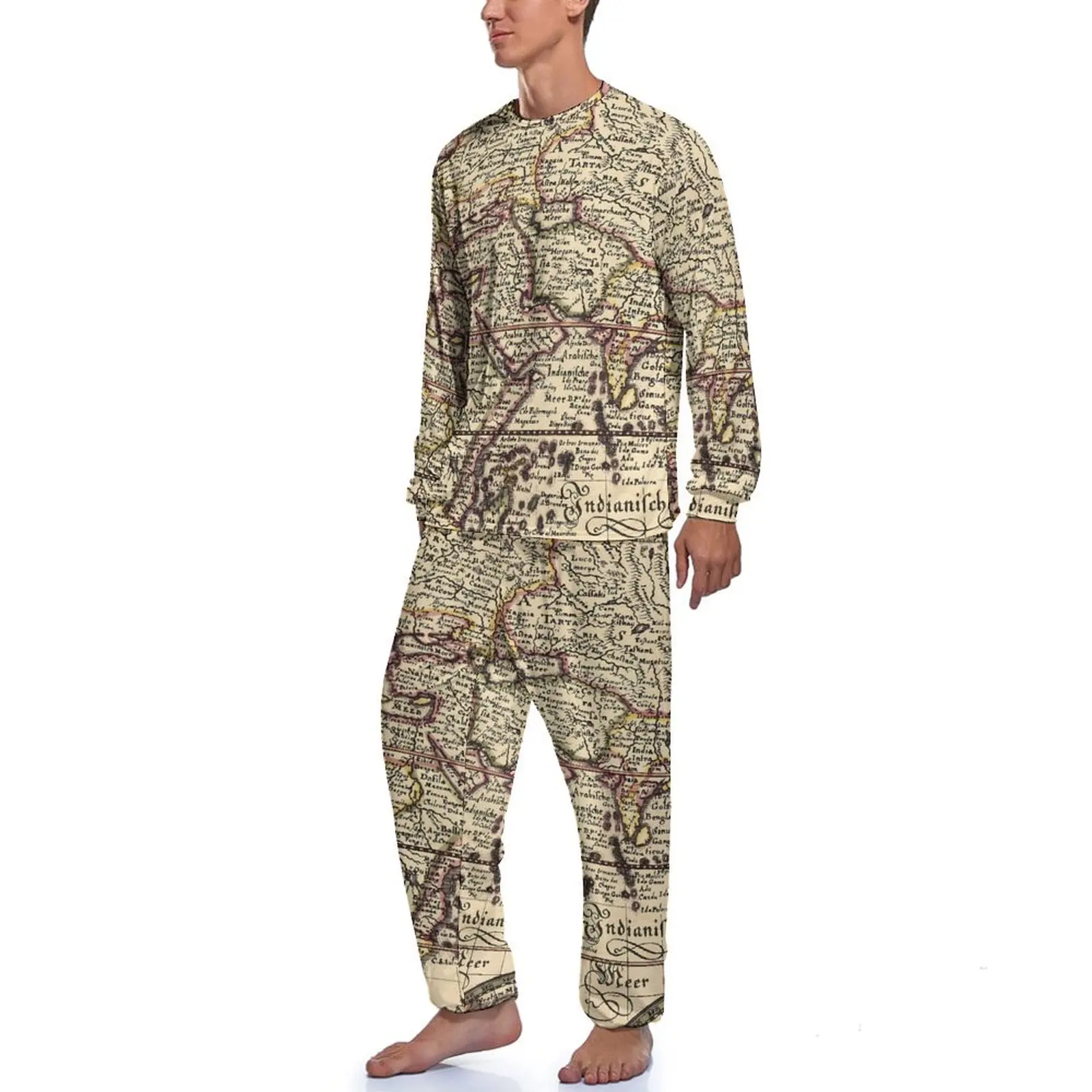 Vintage Map Pajamas Autumn Retro Print Home Nightwear Man Two Piece Graphic Long Sleeve Cool Pajama Sets