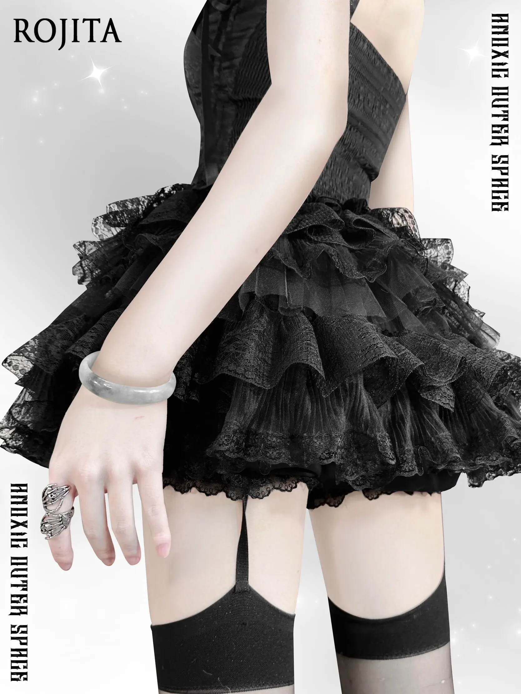 Elastic High Waist 32Cm Lace Cake Anti-light Pumpkin Pants Skirt Support Gothic Black Multi-Layer Lace Tulle Mini Skirt