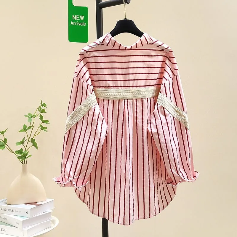Women's Clothing Long Sleeves Stripes Thin Shirt Patchwork Blouses Fashion Casual Loose Cardigan Shirt Trench Coat for Women
