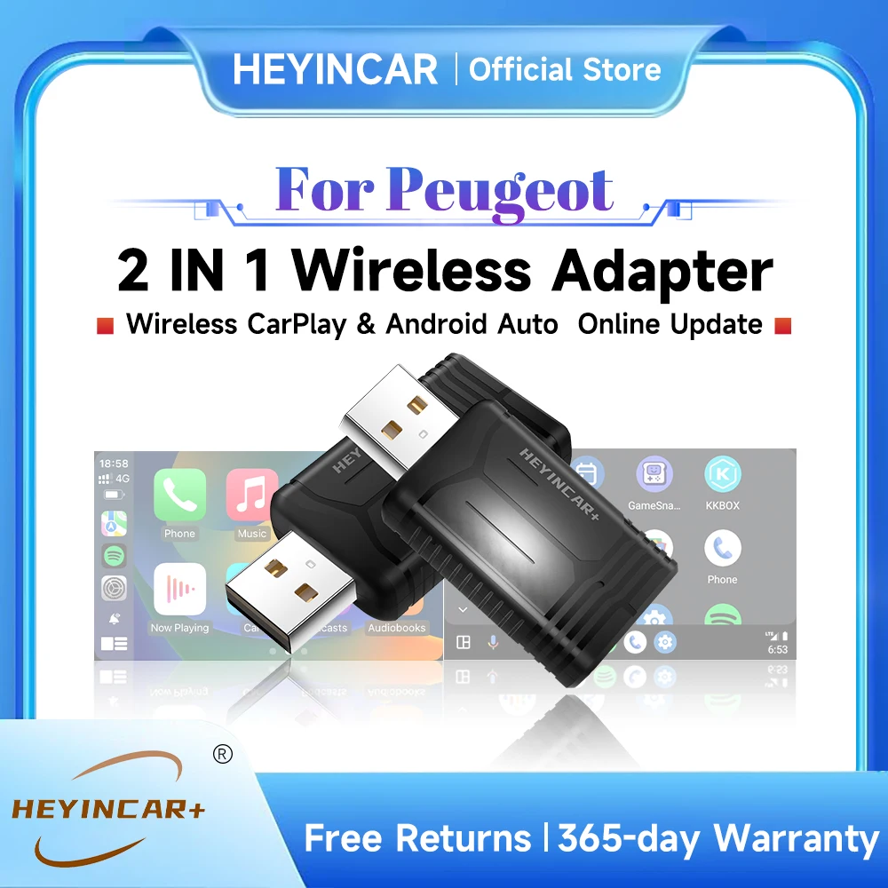 2024 New HEYINCAR 2IN1 Wireless Adapter Android Auto CarPaly Wireless Box For Peugeot 208 308 408 508 2008 3008 4008 5008