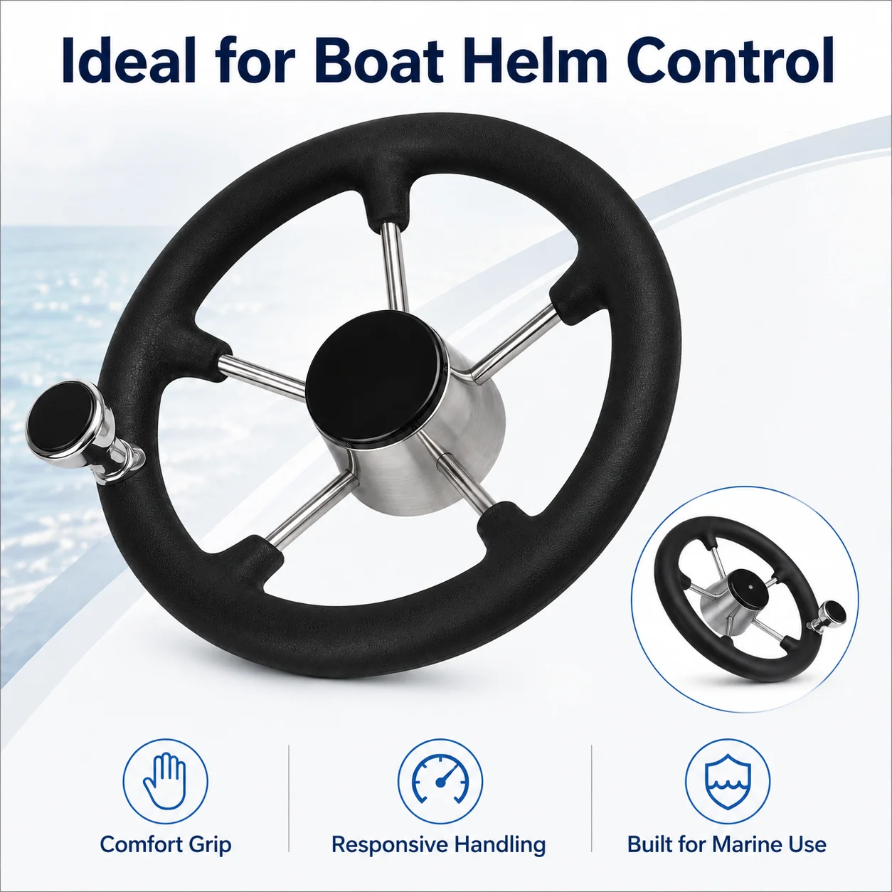 Marine 5 Spoke Boat Steering Wheel Stainless Steel Destroyer Wheel with Black Foam Grip for Yacht Marine Hardware Accessories