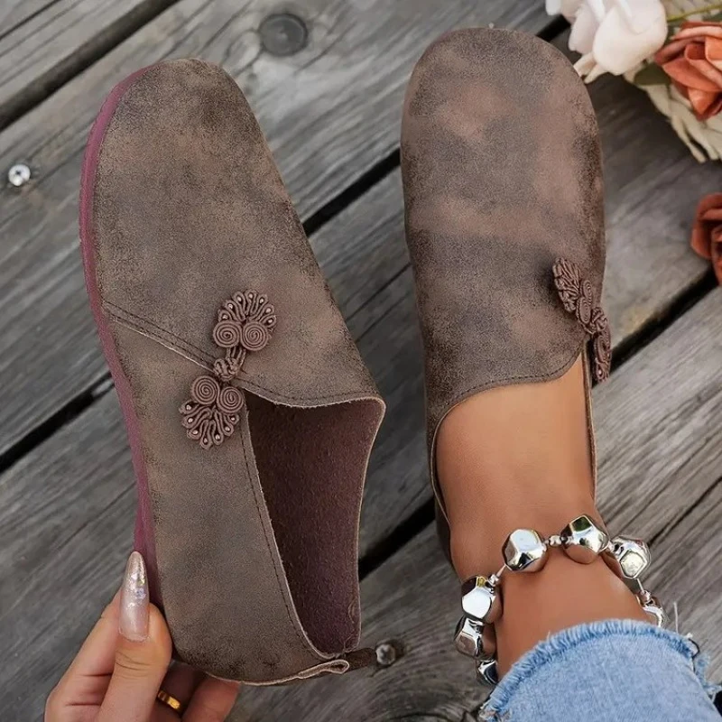 

Vintage Chinese Knot Women's Loafers|Soft Suede Dark Brown Slip-On Shoes|Comfortable Flat Sole for Walking & Everyday Outfits