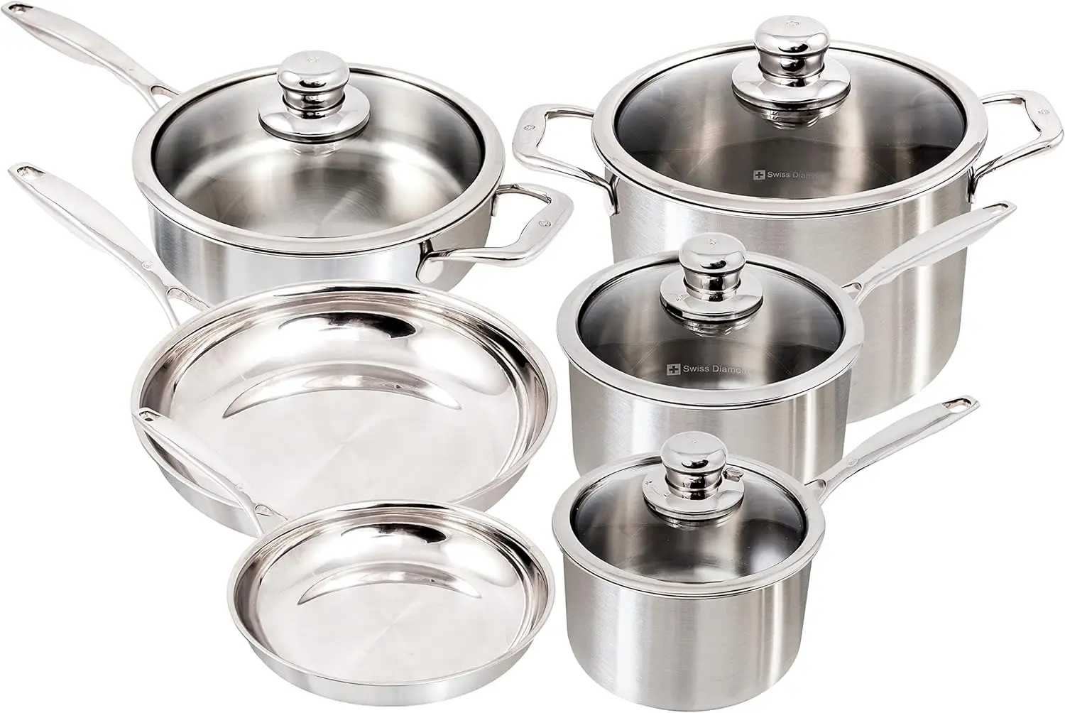 

Premium Clad 5-Ply Stainless Steel 10 Piece Cookware Set with Satin Exterior Finish, Induction Compatible Stainless Steel Pots a